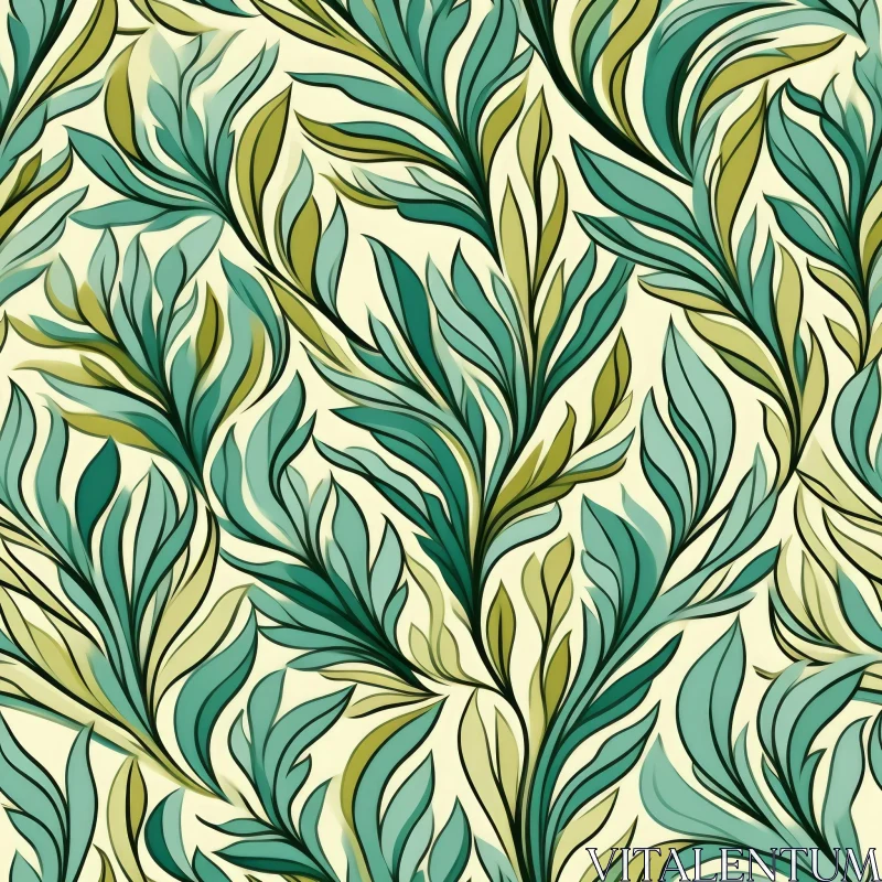 AI ART Hand-Painted Green and Blue Leaf Pattern on Cream Background