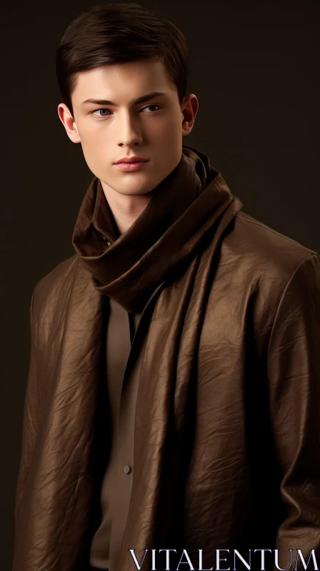 Intense Portrait of a Young Man in Brown Jacket AI Image