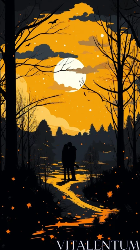 Moonlit Landscape Embrace: Romantic Scene under Full Moon AI Image