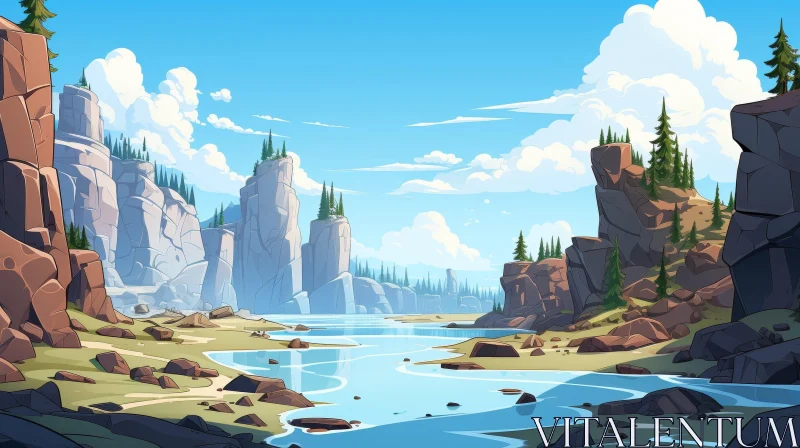 Mountain Valley River Landscape - Serene Nature Scene AI Image