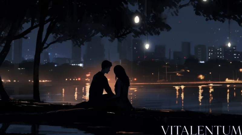 Romantic Night by the Lake: Couple Embraced by City Lights AI Image