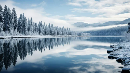 Serene Winter Landscape with Frozen Lake and Snow-covered Trees