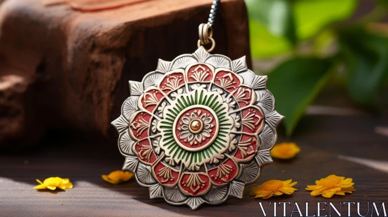 Silver Mandala Pendant with Red and Green Enamel AI Image