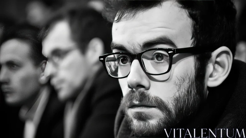 Thoughtful Black and White Portrait of a Young Man with Glasses and Beard AI Image
