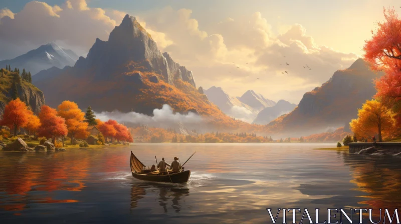 Tranquil Lake and Mountain Scene in Autumn AI Image