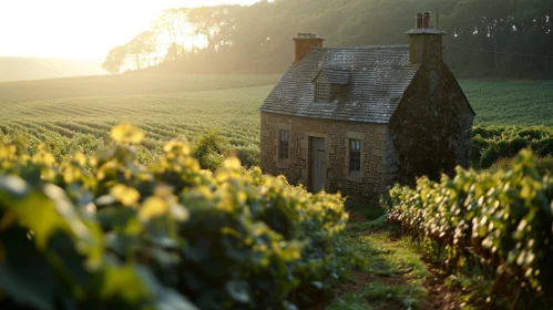 Tranquil Landscape: Stone Cottage in a Lush Vineyard