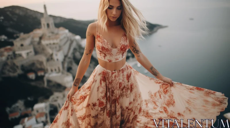 Young Woman in Floral Dress on Cliff with Mountain View AI Image
