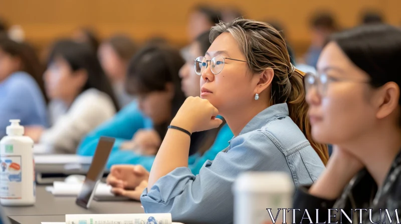 Attentive Young Female Student in Lecture Hall AI Image