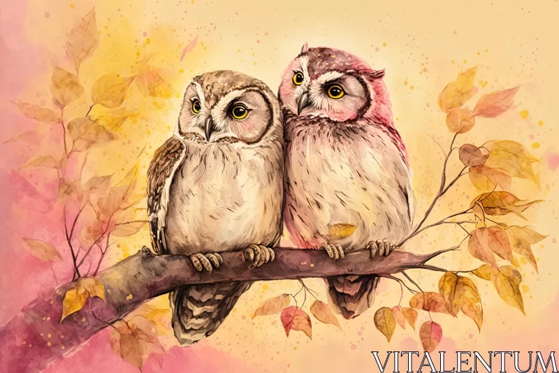 Beautiful Watercolor Painting of Owls on a Branch AI Image