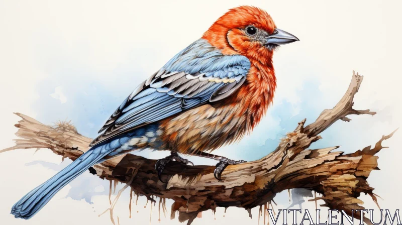 Bird Watercolor Painting on Branch AI Image