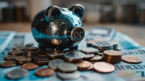 Blue Ceramic Piggy Bank on a Pile of Coins - Artistic Composition
