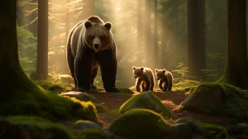 Brown Bear and Cubs in Enchanting Forest Scene