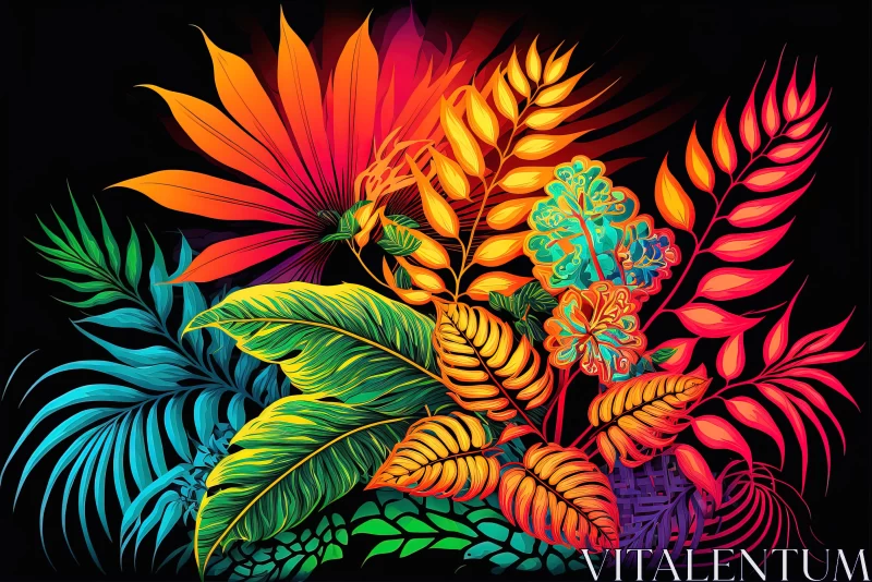 AI ART Colorful Leaves and Flowers on Black Background | Tropical Artwork