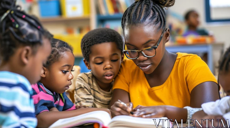 Engaging Classroom Scene: Young African-American Teacher and Children AI Image