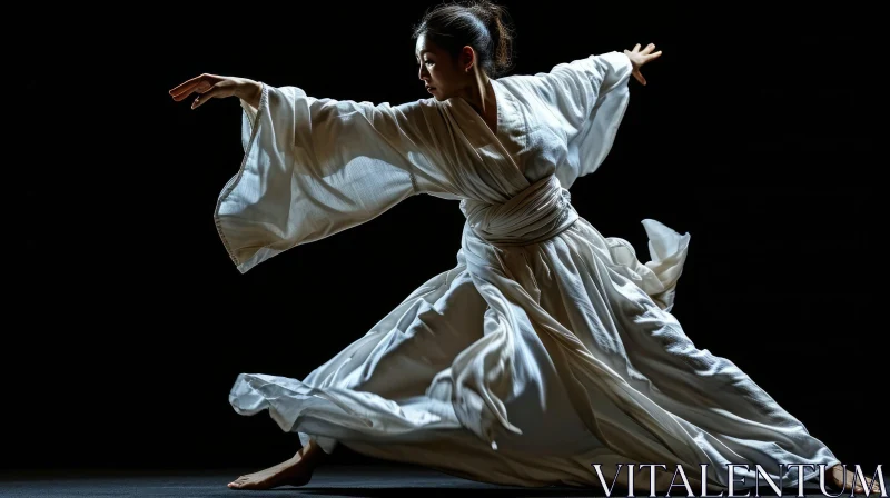 Graceful Asian Woman in White Kimono Dancing | Captivating Movement AI Image
