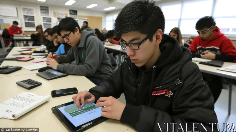Immersive High School Classroom: Students Engaged with Tablets AI Image