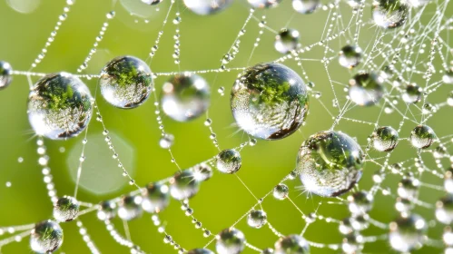 Intricate Spider Web with Dew Drops on Green Background