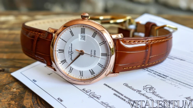 Luxurious Wristwatch on Brown Leather Strap | Roman Numerals AI Image