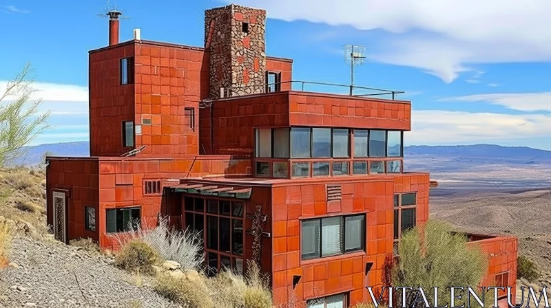 Modern House with Rusty Metal Exterior in Desert Mountains AI Image