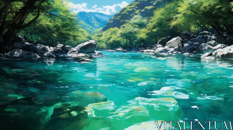 AI ART Serene River Landscape with Snowy Mountains