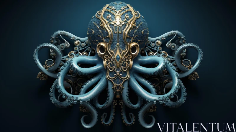 Steampunk Octopus 3D Rendering: Blue & Gold Intricate Design AI Image