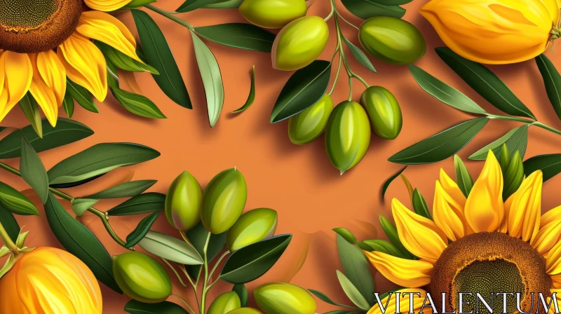 Sunflowers and Olive Branches Illustration - Peaceful Tranquility AI Image