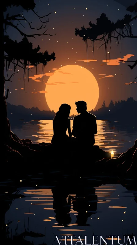 Tranquil Sunset Landscape with a Romantic Couple by the Lake AI Image