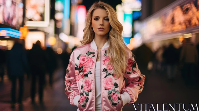 Urban Night Fashion: Young Woman in Pink Satin Bomber Jacket AI Image
