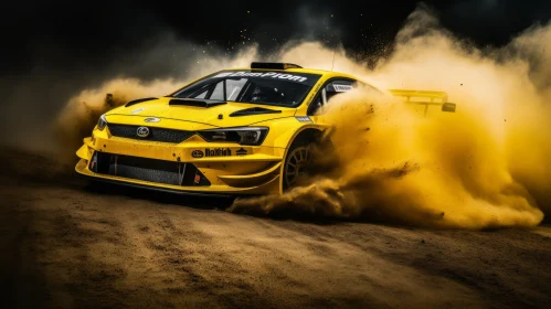Yellow Rally Car Speeding on Dusty Track