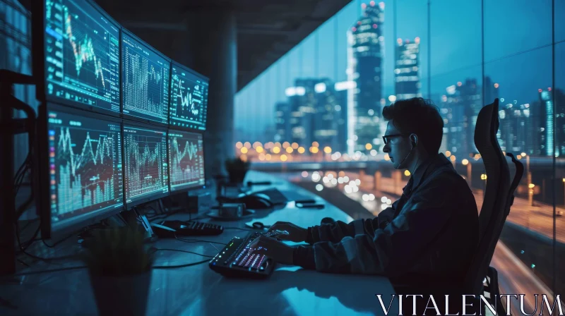 AI ART Young Male Stock Trader Working at Night in Office | Urban City Lights