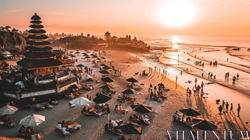 Aerial View of Crowded Beach at Sunset in Bali, Indonesia AI Image