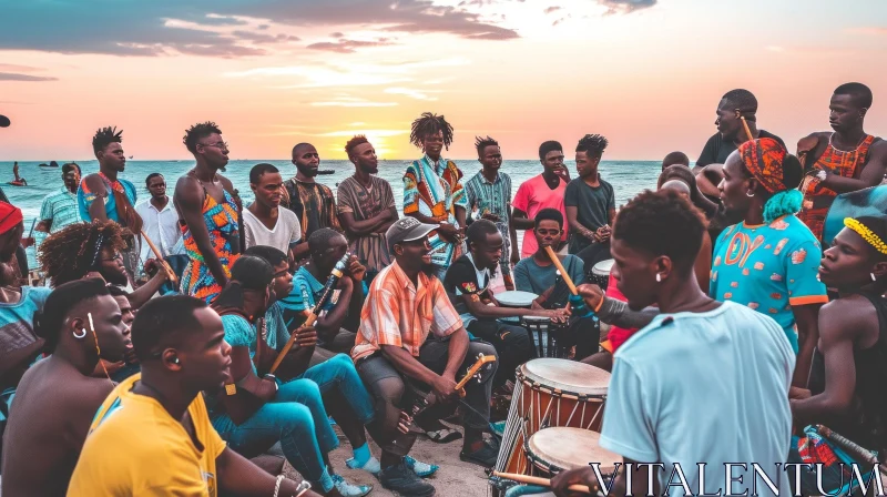 African Men and Women Playing Drums on the Beach at Sunset AI Image