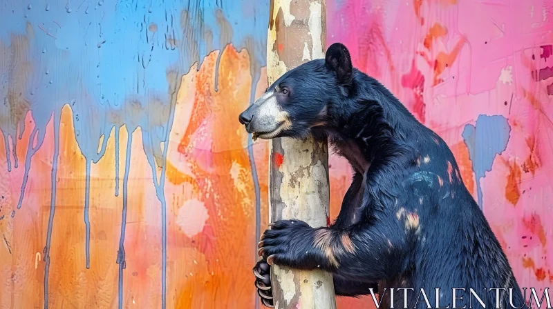 Black Bear Standing in Front of Colorful Wall AI Image