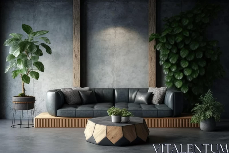 Captivating Interior Design: Couch with Potted Plant and Dark Wall AI Image