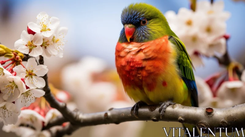 AI ART Colorful Parrot on Tree Branch with Flowers - Close-Up View