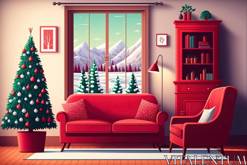 Cozy Living Room with Red Couch and Winter Decorations AI Image