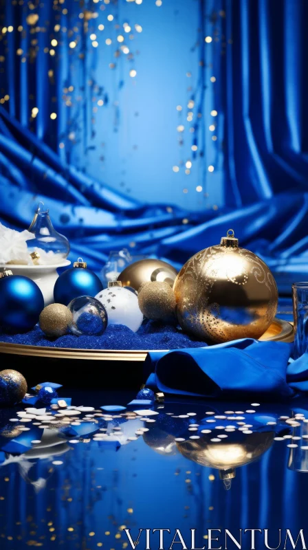Elegant Christmas Ornaments Still Life on Blue Background AI Image