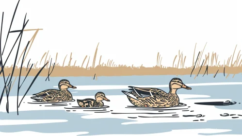 Family of Ducks Swimming in Pond - Vector Illustration