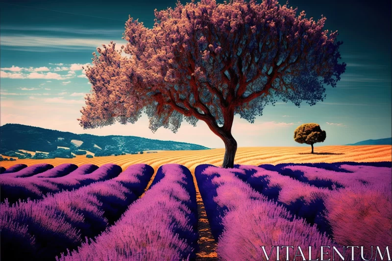 Golden Tree in Lavender Fields: A Captivating Nature Landscape AI Image