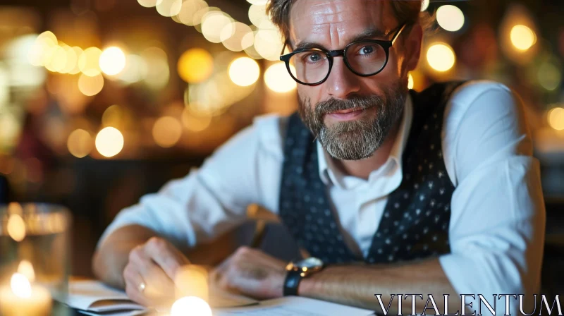 Intense Bearded Man at a Bar Table | Captivating Scene AI Image