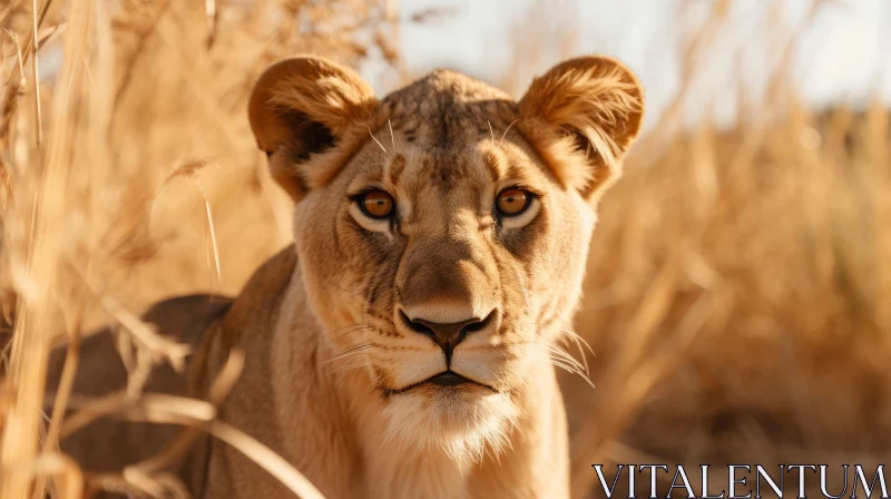 Majestic Lioness Portrait in Grass Field AI Image