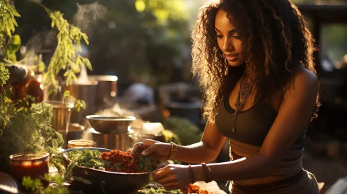 Outdoor Cooking with Herbs: African-American Woman
