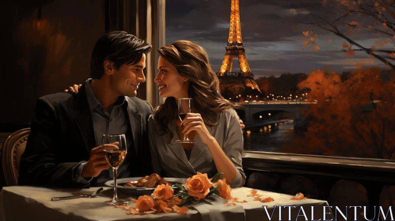 Romantic Couple Painting in Parisian Restaurant AI Image