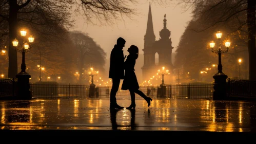Romantic Silhouette of a Couple in Rainy Street