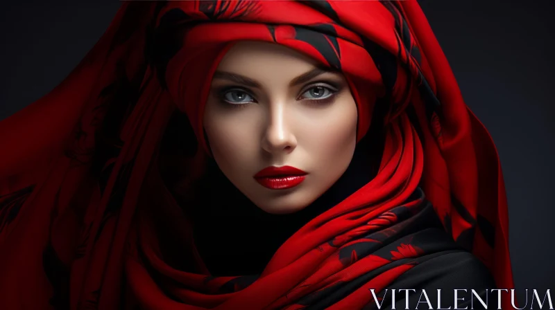Serious Woman Portrait in Red Turban AI Image