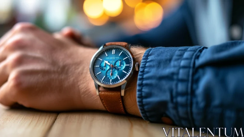 Stylish Blue Watch with Brown Leather Strap - Captivating Image AI Image