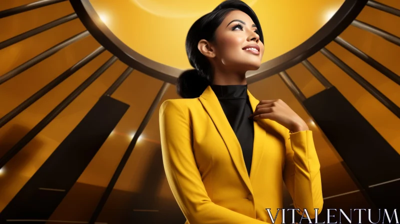 AI ART Stylish Woman in Yellow Suit against Futuristic City Background