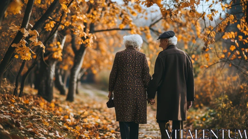Tranquil Autumn Stroll: Elderly Couple in Park AI Image