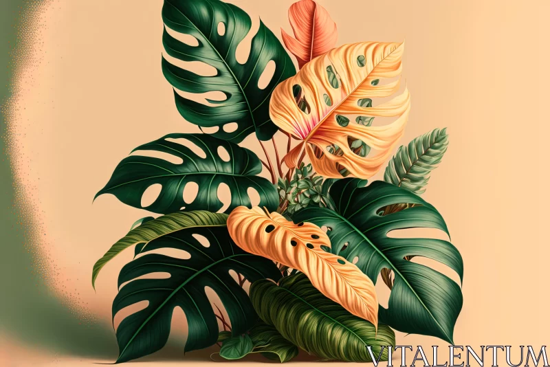 Vivid Realism: Monster Leaves on Beige Background - Tropical Baroque Art AI Image