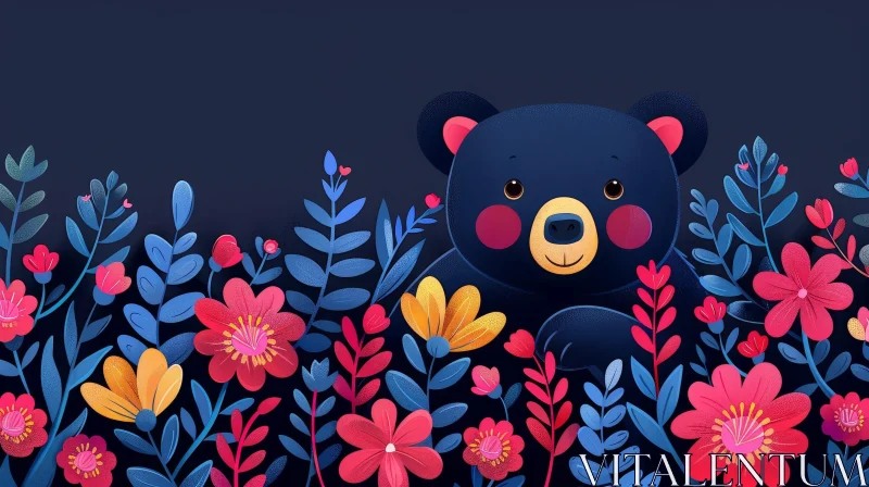 Whimsical Cartoon Bear in Field of Flowers AI Image